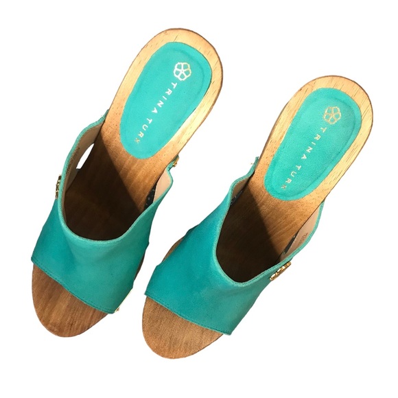 TRINA TURK Turquoise Suede Lucite Block Heel Wood Platform Mule Sandal 8.5 - Picture 7 of 10